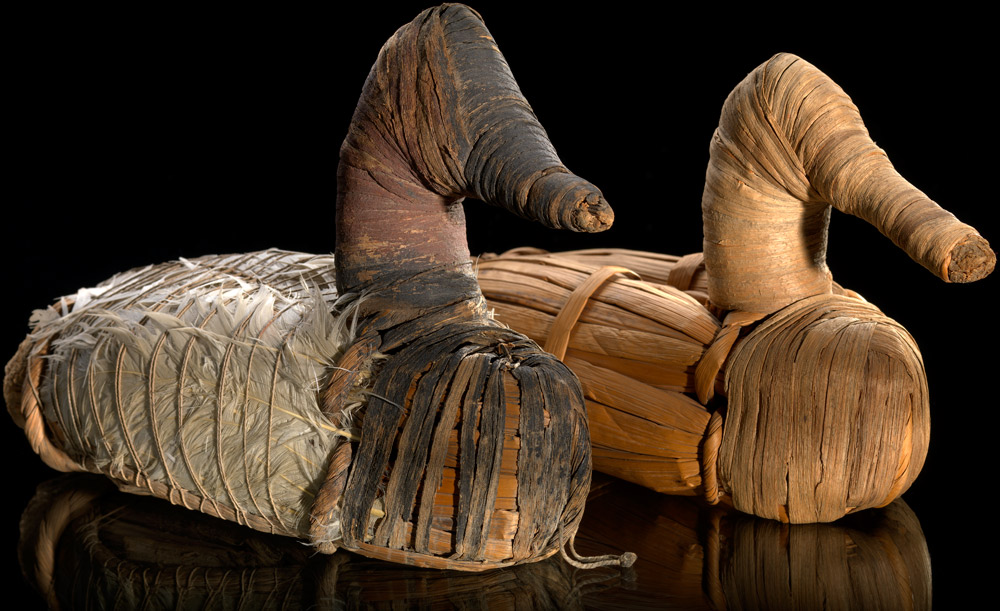 Duck decoys circa 400 BCE.  Tule, rush, feathers, paint.